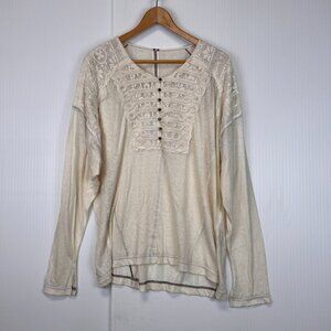 Free People Blouse Women Medium Linen Lace Sheer Shirt Boho Peasant Party Core